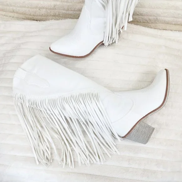 Wild One White Fringe Cowboy Cowgirl Boots Plus Plus size Friendly - Picture 8 of 13